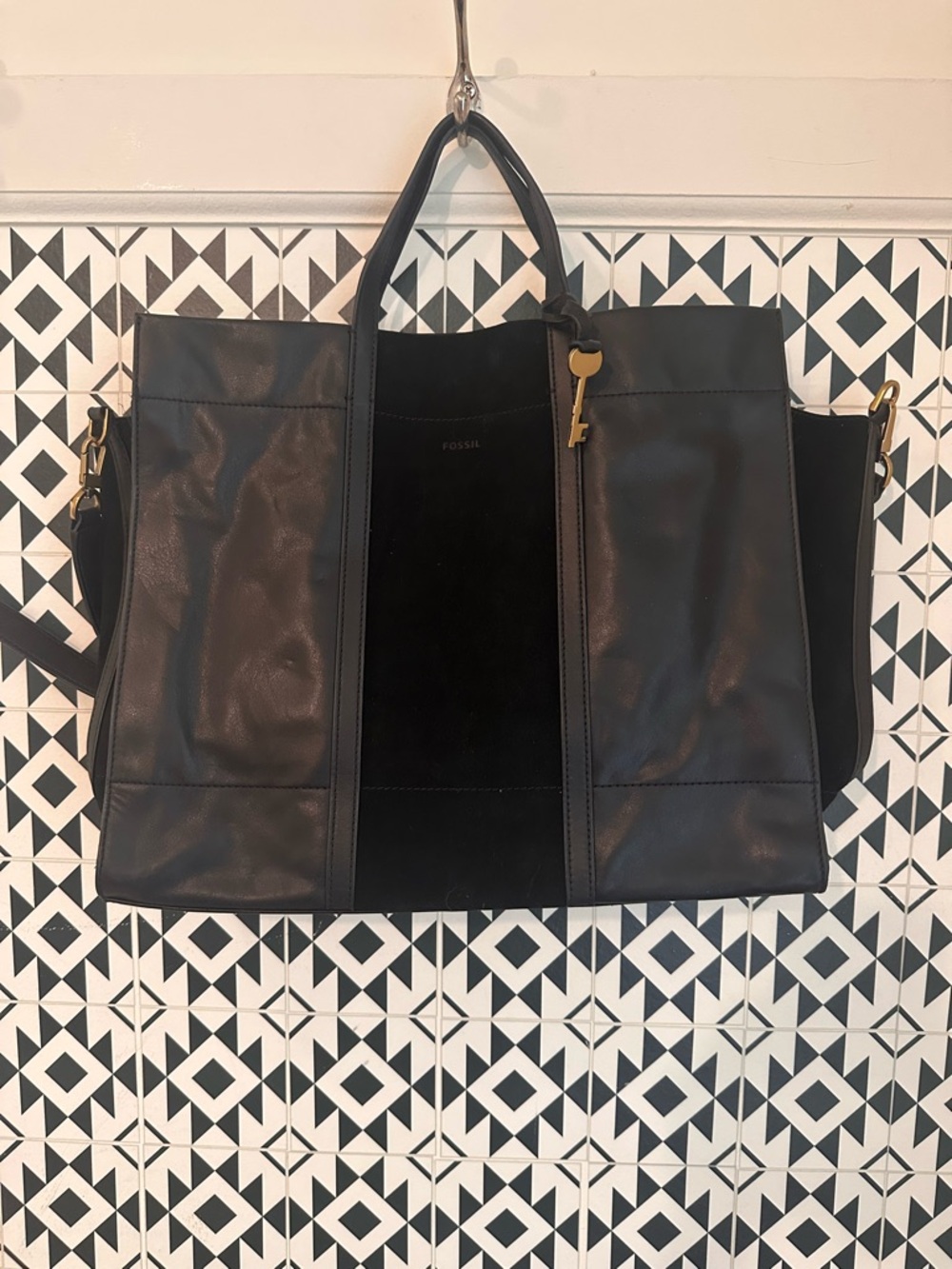 Fossil Black Leather & Suede Tote with Gold Key Charm